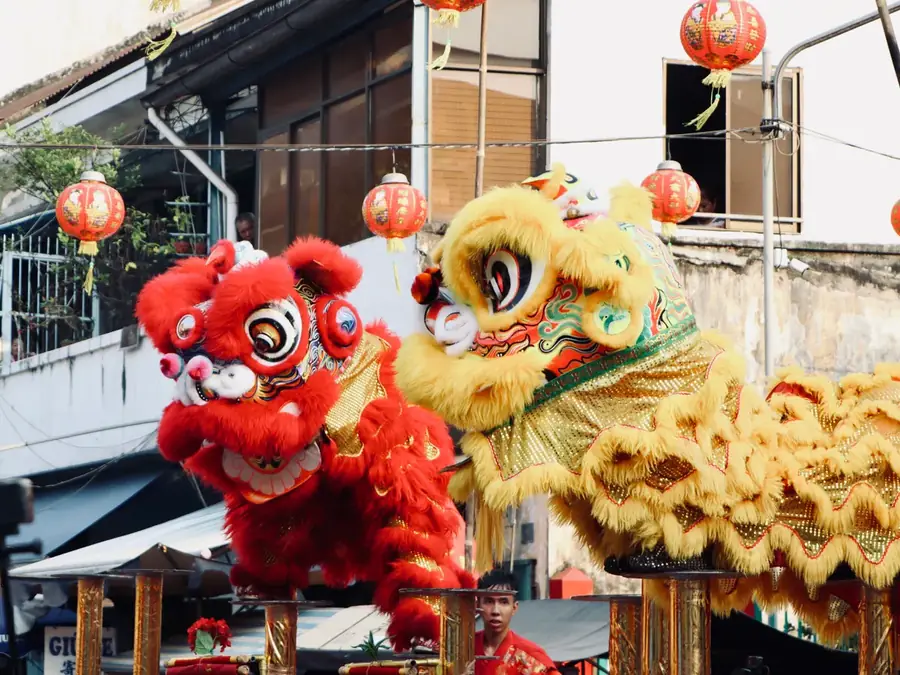 Lions et dragon chinois de carnaval